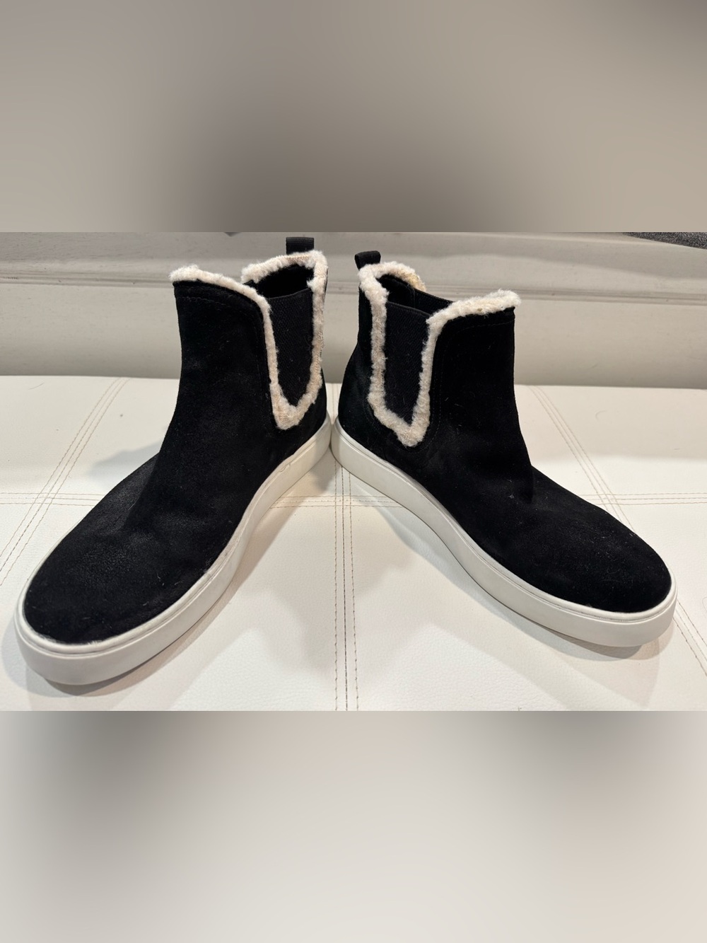 Lucky Brand Black Suede Slip-On Ankle Booties with Cream Shearling Trim